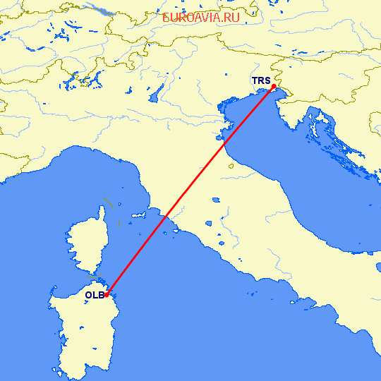 перелет Триест — Costa Smeralda на карте