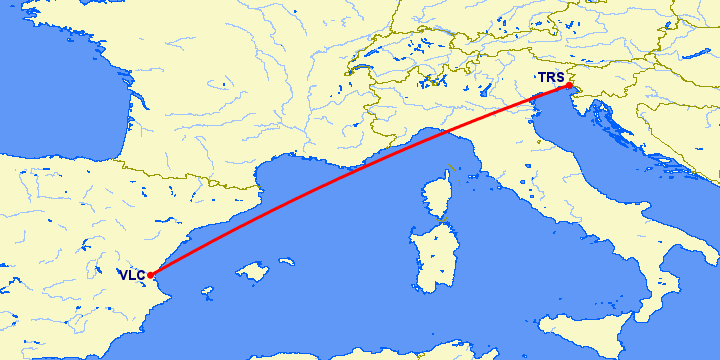 перелет Триест — Валенсия на карте