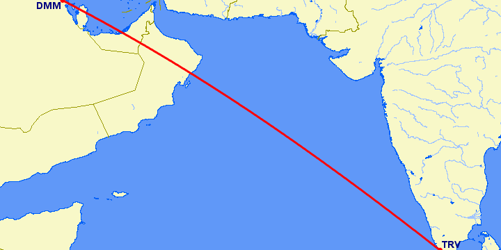 перелет Тривандрум — Даммам на карте