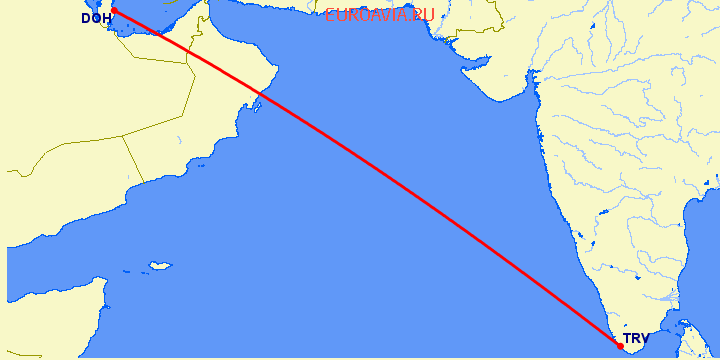 перелет Тривандрум — Доха на карте