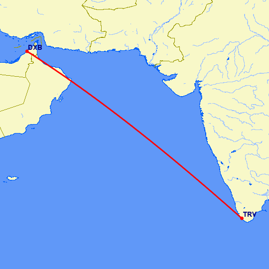 перелет Тривандрум — Дубай на карте