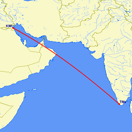 перелет Тривандрум — Кувейт на карте