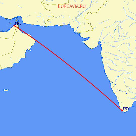 перелет Тривандрум — Шарджа на карте