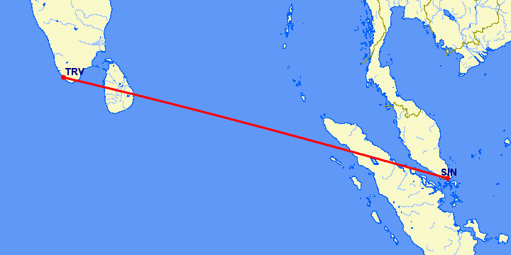 перелет Тривандрум — Сингапур на карте