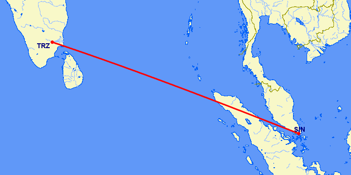 перелет Тиручирапалли — Сингапур на карте