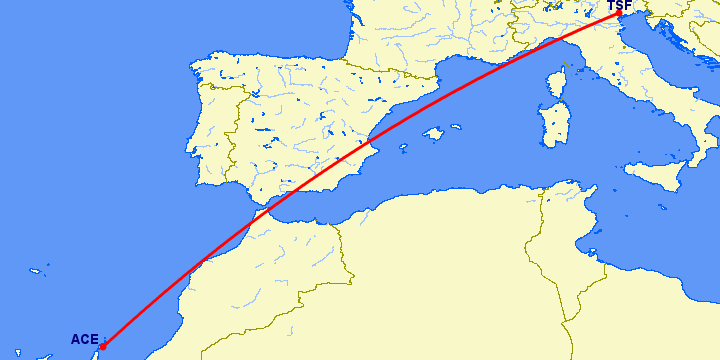 перелет Тревисо — Арресифе на карте