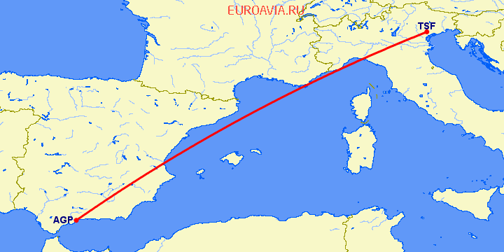 перелет Тревисо — Малага на карте