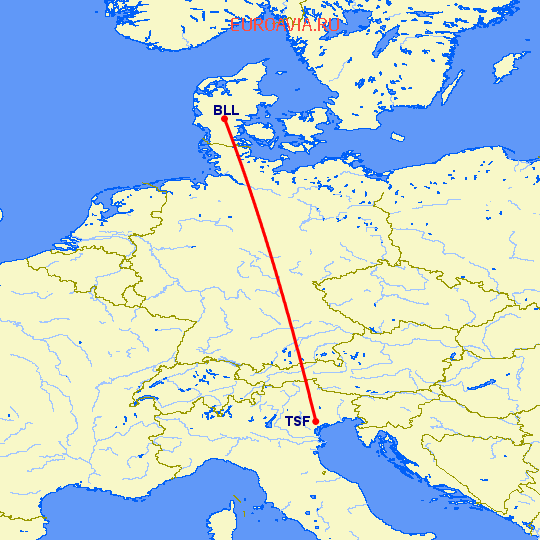 перелет Тревисо — Биллунд на карте