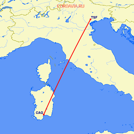 перелет Тревисо — Кальяри на карте