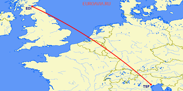 перелет Тревисо — Эдинбург на карте