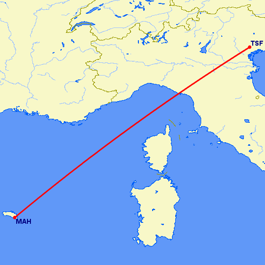 перелет Тревисо — Менорка на карте