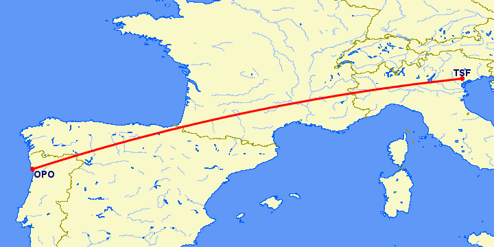 перелет Тревисо — Порту на карте