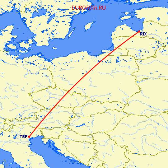 перелет Тревисо — Рига на карте