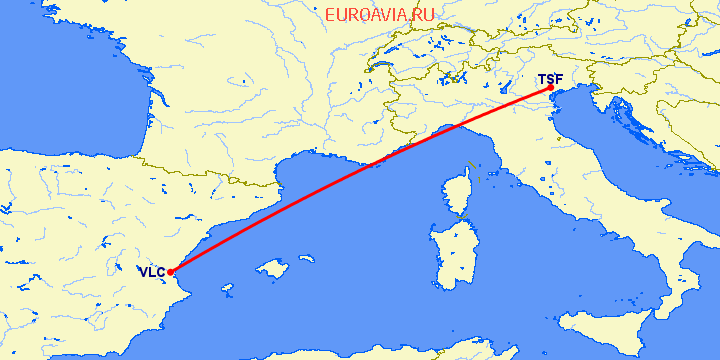 перелет Тревисо — Валенсия на карте