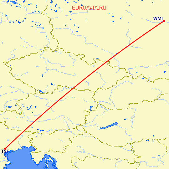 перелет Тревисо — Варшава на карте