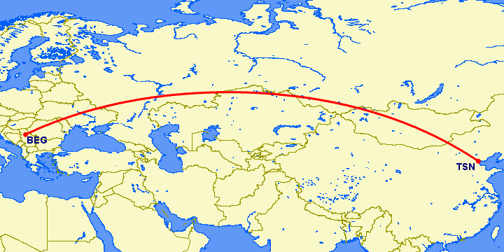 перелет Тяньцзинь — Белград на карте