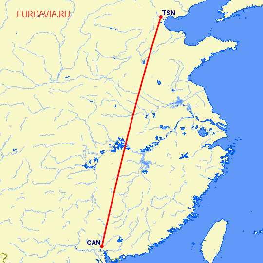 перелет Тяньцзинь — Гуанчжоу на карте
