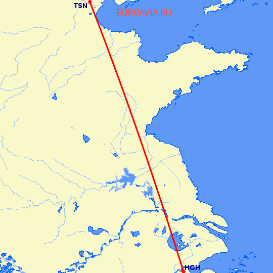перелет Тяньцзинь — Ханчжоу на карте