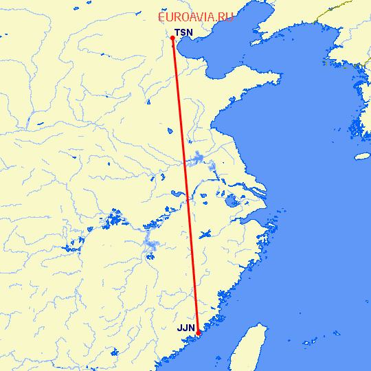 перелет Тяньцзинь — Цзиньян на карте