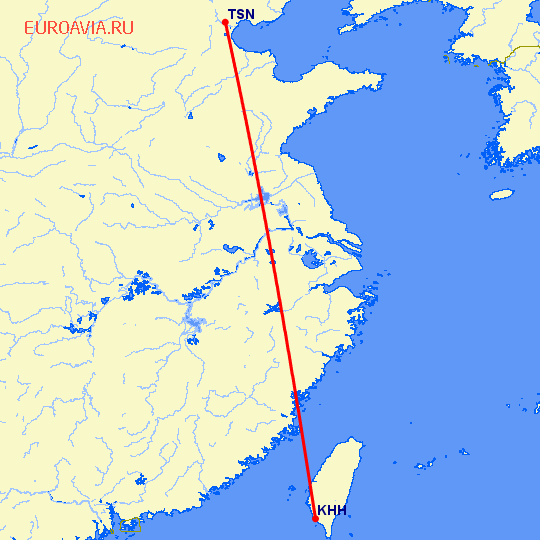 перелет Тяньцзинь — Гаосюн на карте