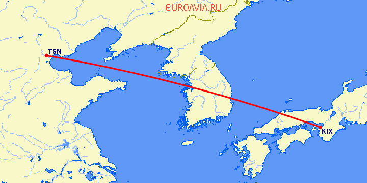 перелет Тяньцзинь — Осака на карте