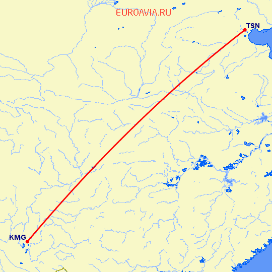 перелет Тяньцзинь — Кунминг на карте