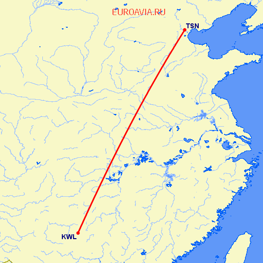 перелет Тяньцзинь — Гуйлинь на карте