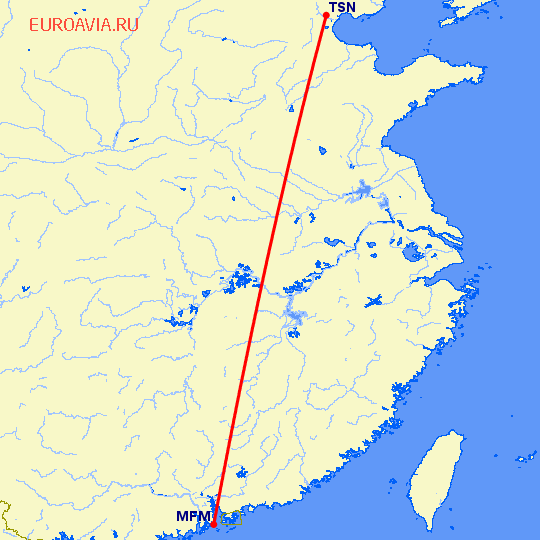 перелет Тяньцзинь — Макао на карте