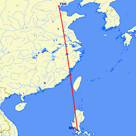 перелет Тяньцзинь — Манила на карте