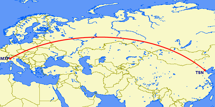перелет Тяньцзинь — Милан на карте