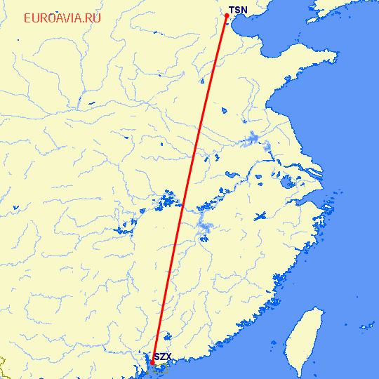 перелет Тяньцзинь — Шэньчжэнь на карте