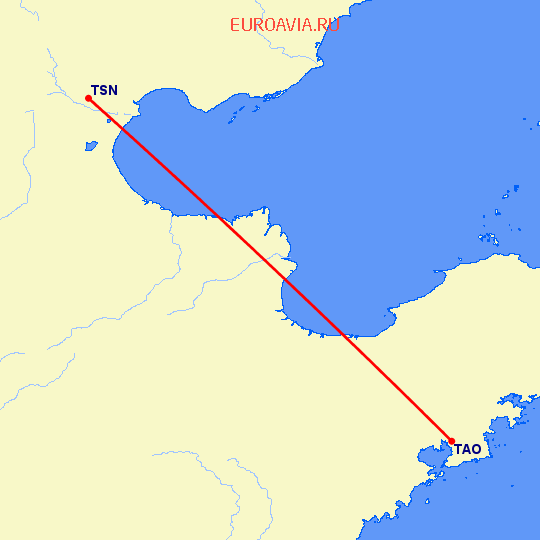 перелет Тяньцзинь — Куаньдян на карте