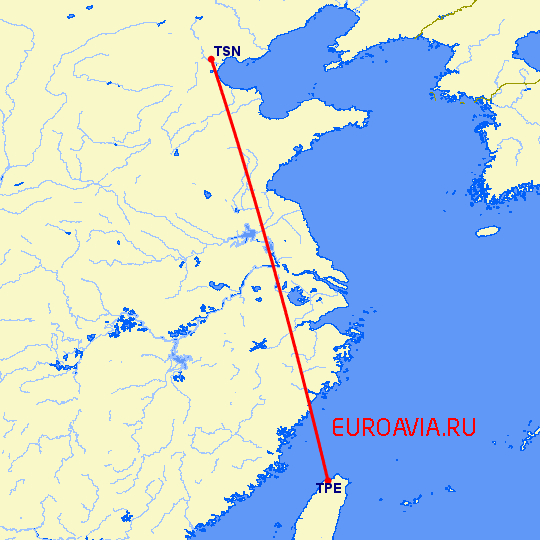 перелет Тяньцзинь — Тайбэй на карте