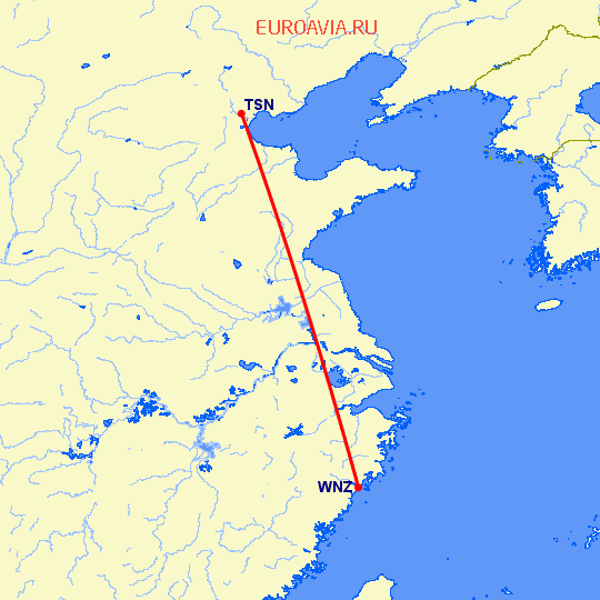 перелет Тяньцзинь — Венчжоу на карте