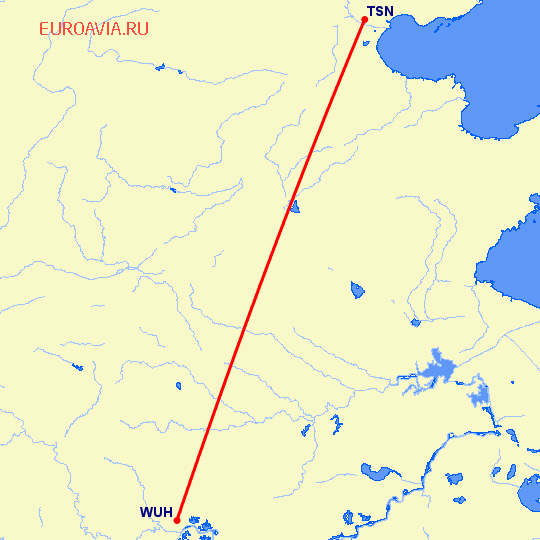 перелет Тяньцзинь — Вухан на карте