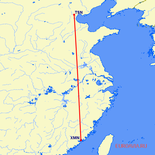 перелет Тяньцзинь — Сямэнь на карте