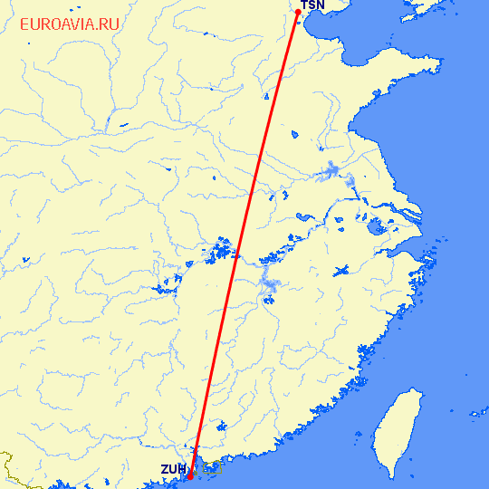 перелет Тяньцзинь — Чжухай на карте