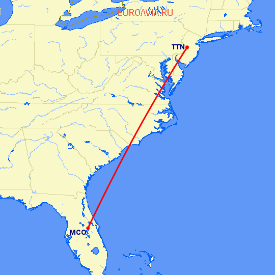 перелет Trenton — Орландо на карте
