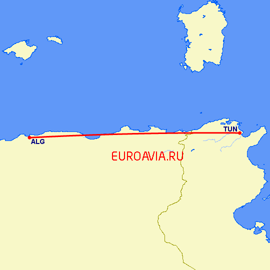 перелет Тунис — Алжир на карте