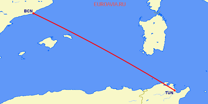 перелет Тунис — Барселона на карте