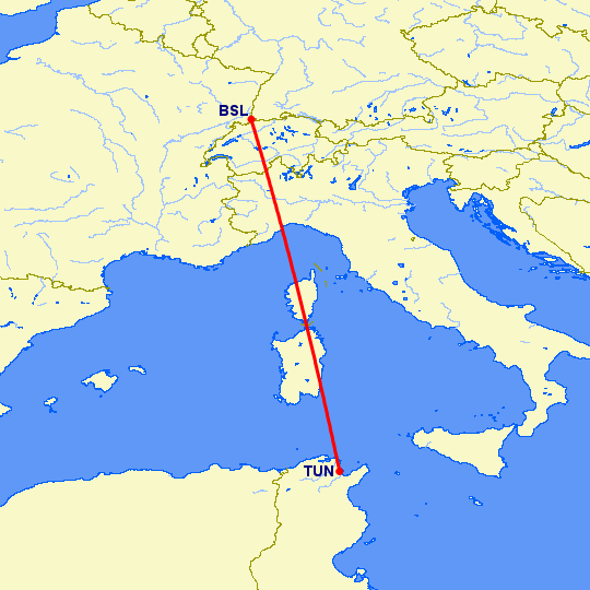 перелет Тунис — Базель-Мюлуз на карте