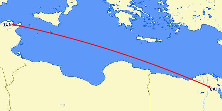 перелет Тунис — Каир на карте