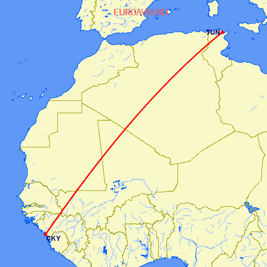 перелет Тунис — Конакри на карте