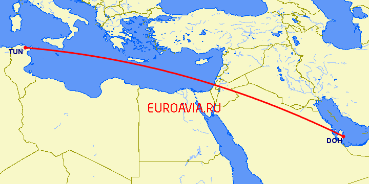 перелет Тунис — Доха на карте