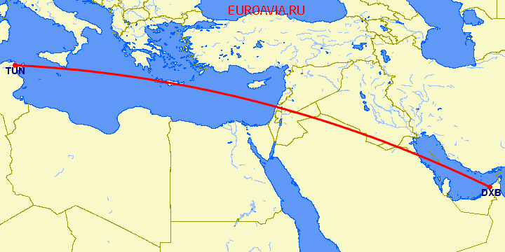 перелет Тунис — Дубай на карте