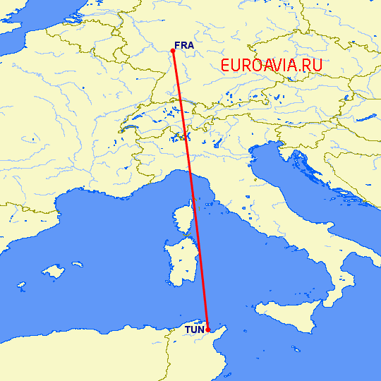 перелет Тунис — Франкфурт на Майне на карте