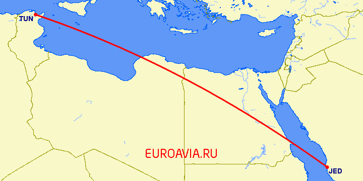 перелет Тунис — Джедда на карте