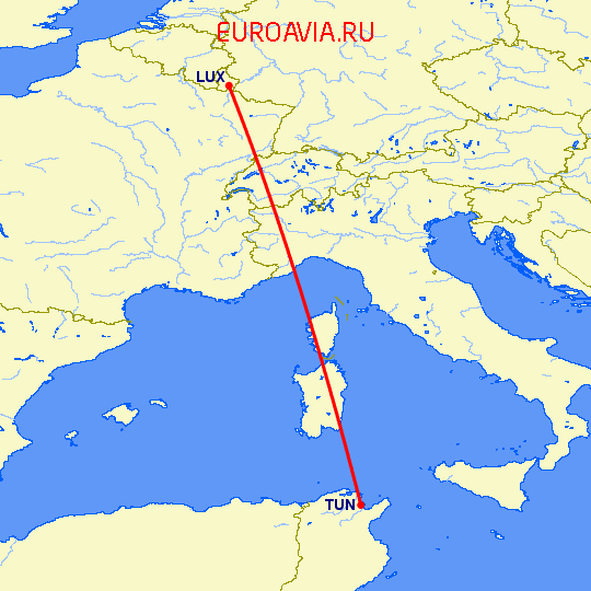 перелет Тунис — Люксембург на карте