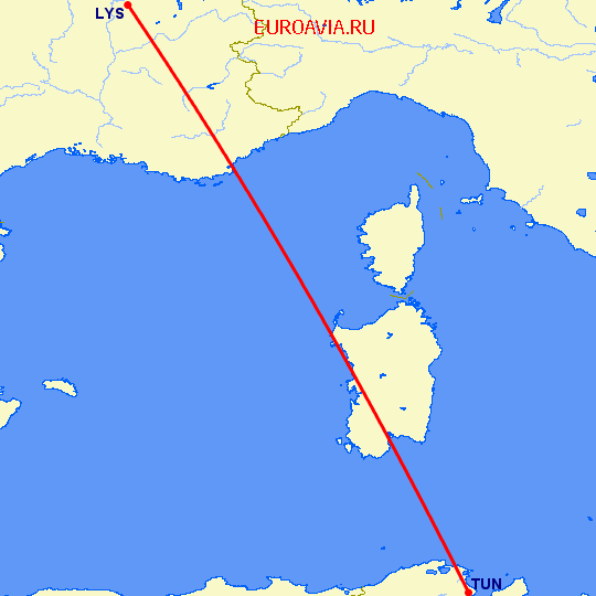 перелет Тунис — Лион на карте