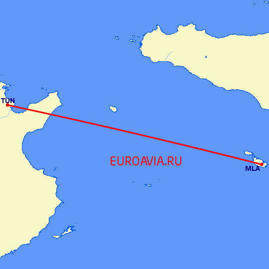 перелет Тунис — Мальта на карте